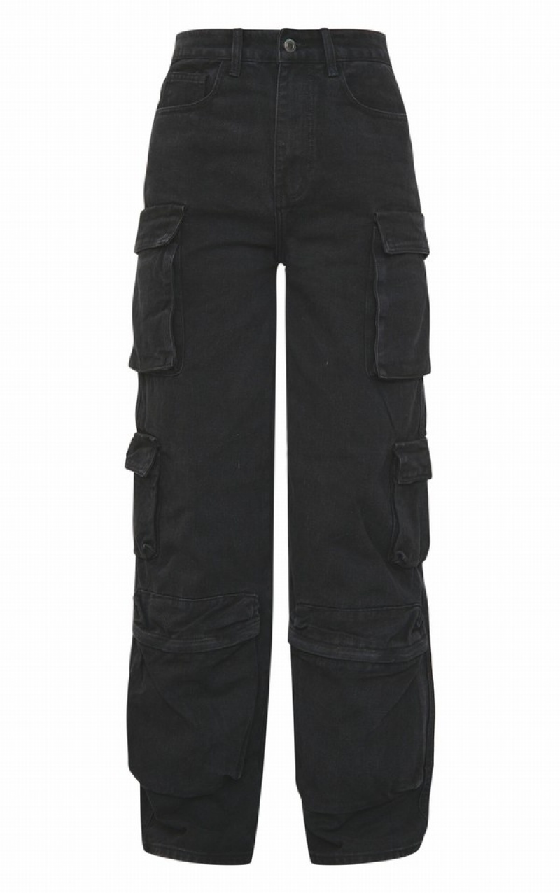Blugi Pretty Little Thing Washed Cargo Pocket Detail Largi Leg Negrii | RIAF24801