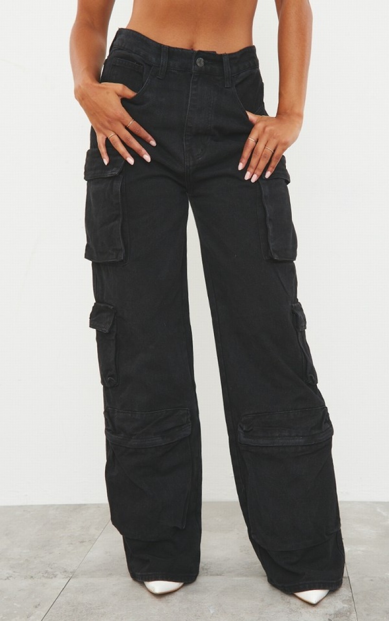 Blugi Pretty Little Thing Washed Cargo Pocket Detail Largi Leg Negrii | RIAF24801