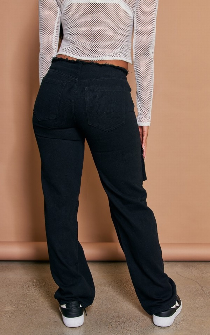 Blugi Pretty Little Thing Washed Frayed Waistband Cargo Pocket Negrii | ARZY12358