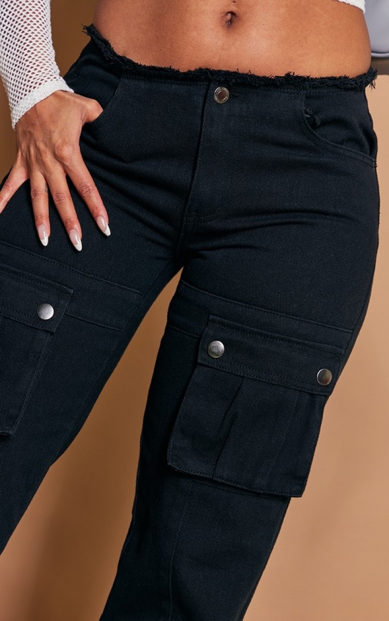 Blugi Pretty Little Thing Washed Frayed Waistband Cargo Pocket Negrii | ARZY12358