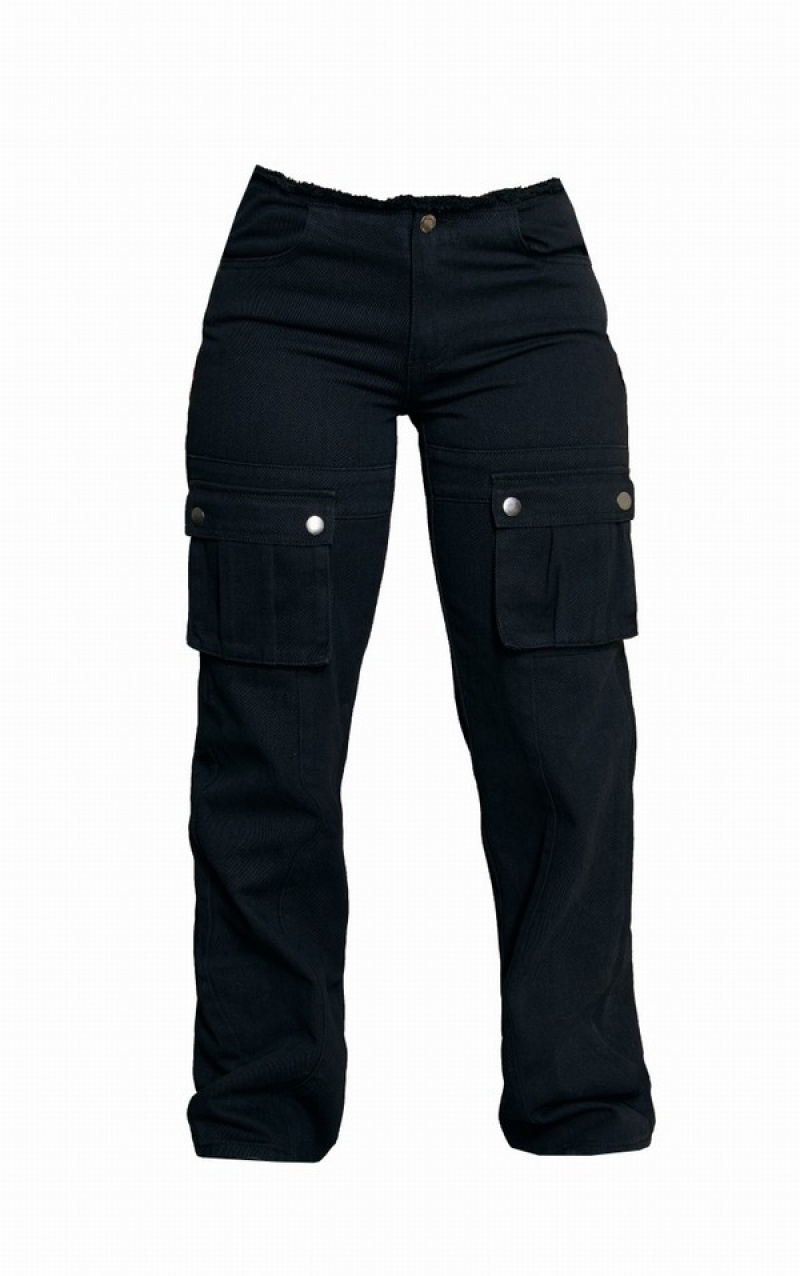 Blugi Pretty Little Thing Washed Frayed Waistband Cargo Pocket Negrii | ARZY12358