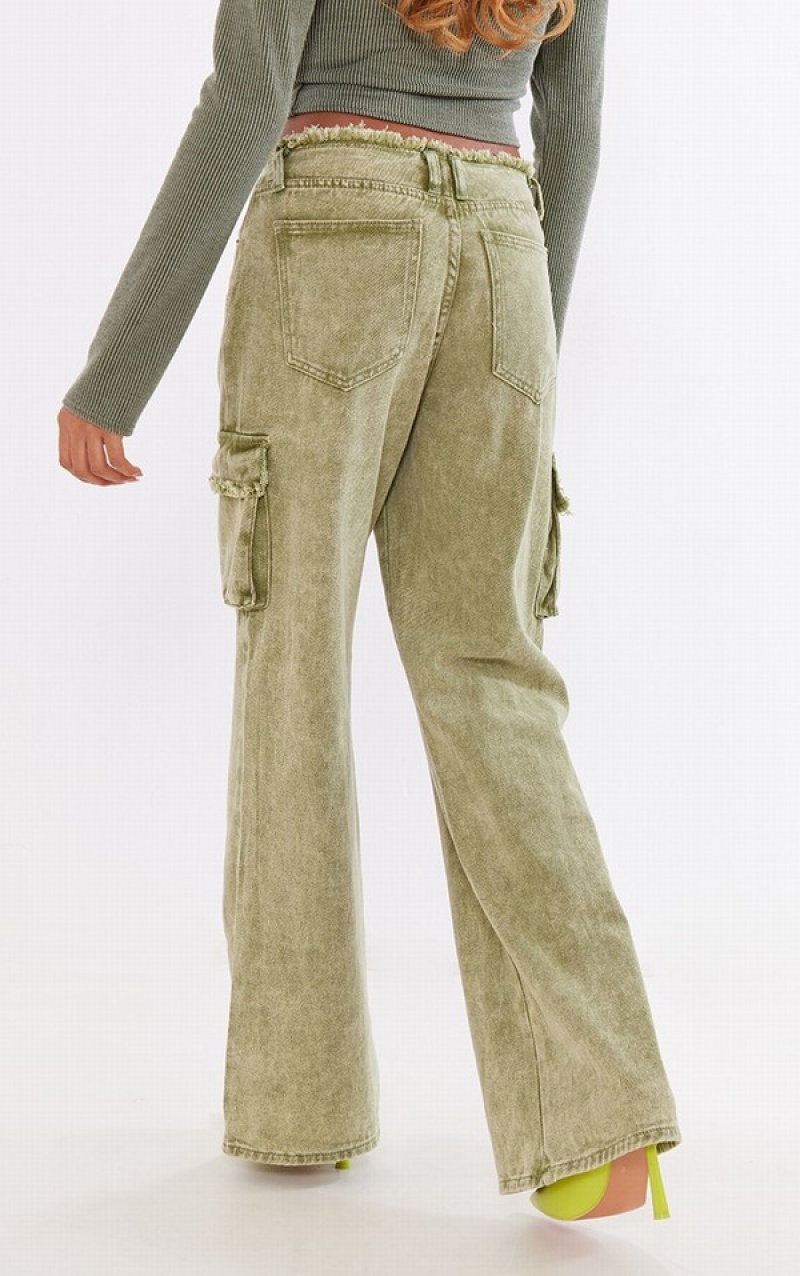 Blugi Pretty Little Thing Washed Frayed Waistband Utility Pocket Cargos Kaki | DUOH98267