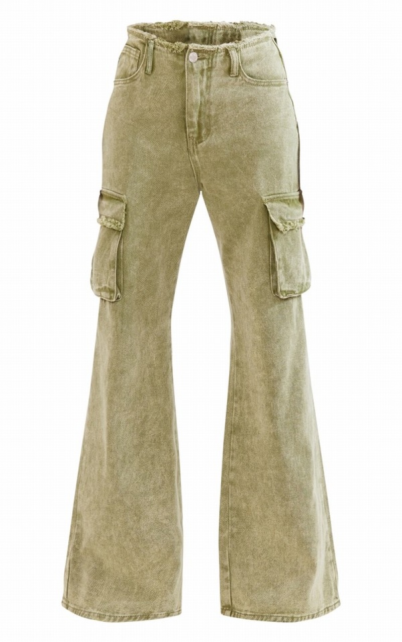 Blugi Pretty Little Thing Washed Frayed Waistband Utility Pocket Cargos Kaki | DUOH98267