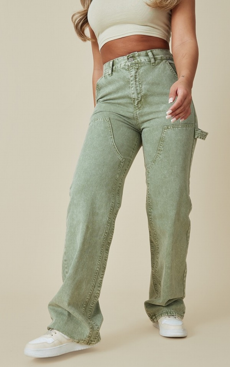 Blugi Pretty Little Thing Washed Seam Detail Panel Drept Leg Kaki | GXRJ02693