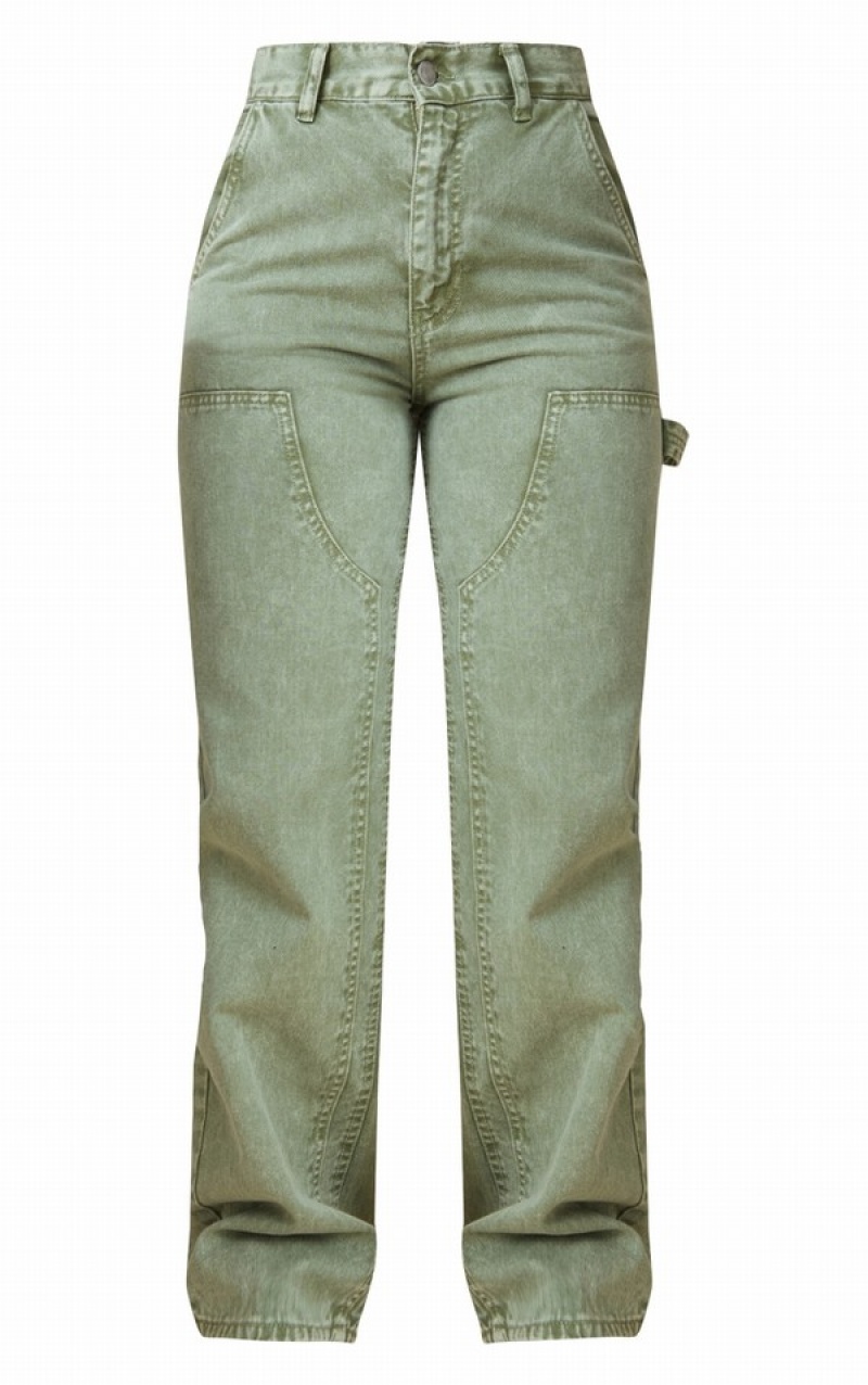 Blugi Pretty Little Thing Washed Seam Detail Panel Drept Leg Kaki | GXRJ02693