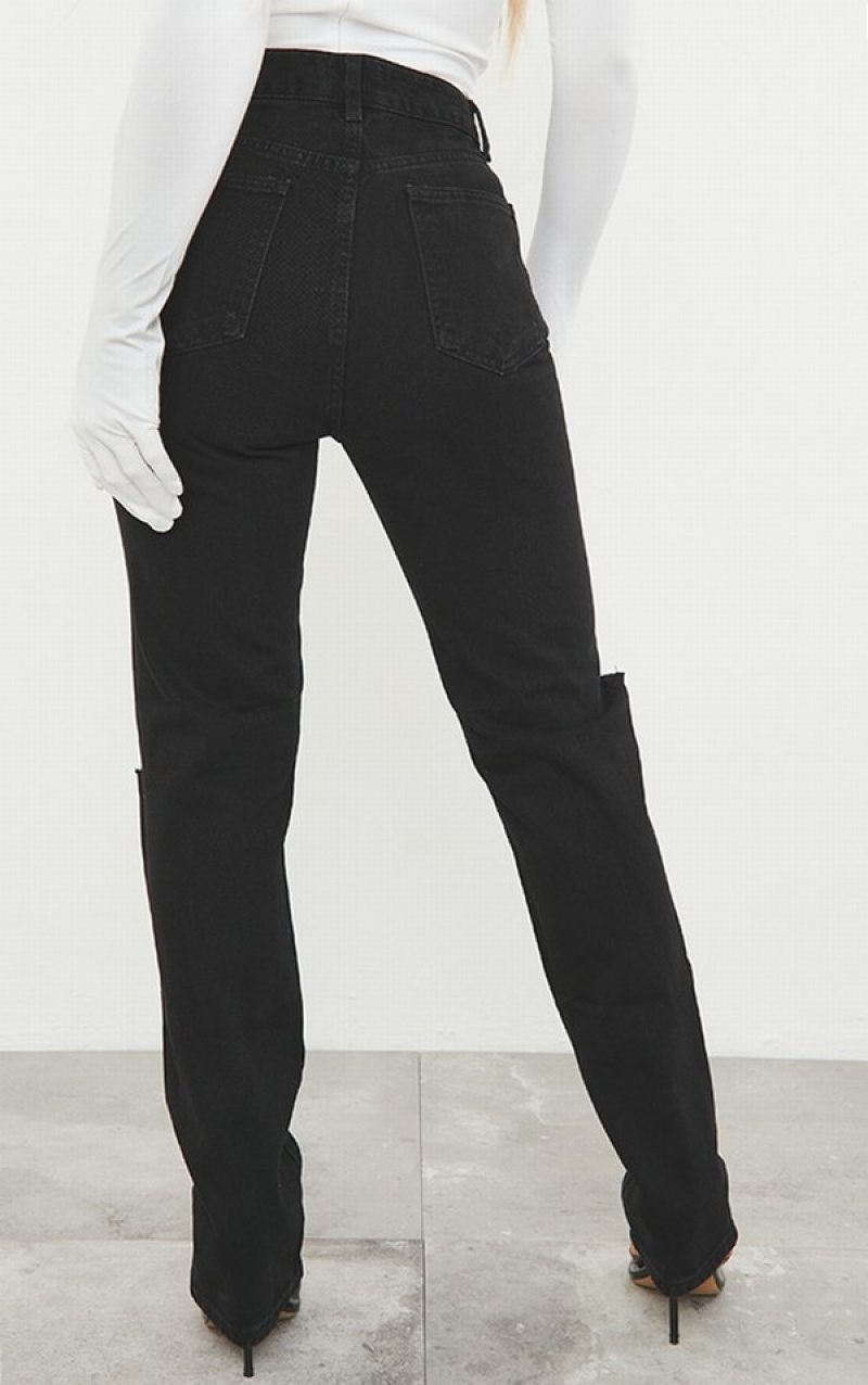 Blugi Pretty Little Thing Washed Slash Knee Long Leg Drept Leg Negrii | RBAQ86312