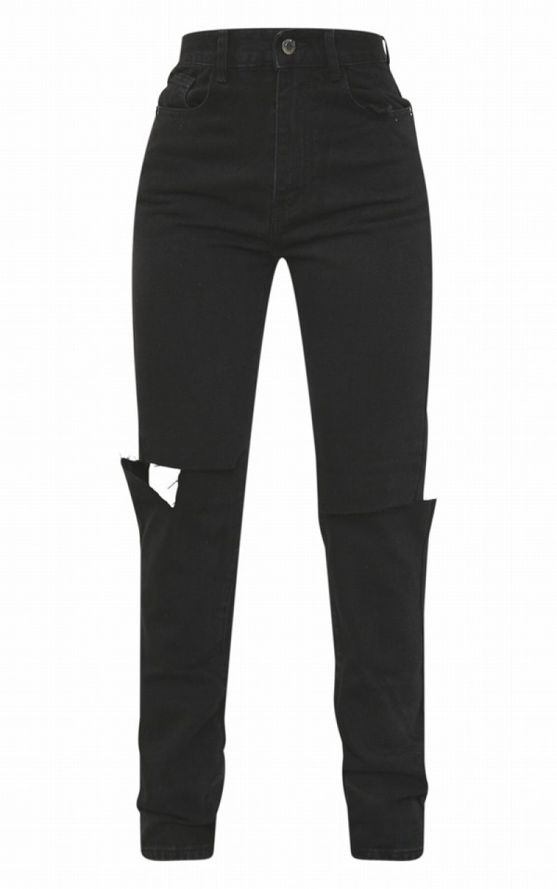 Blugi Pretty Little Thing Washed Slash Knee Long Leg Drept Leg Negrii | RBAQ86312