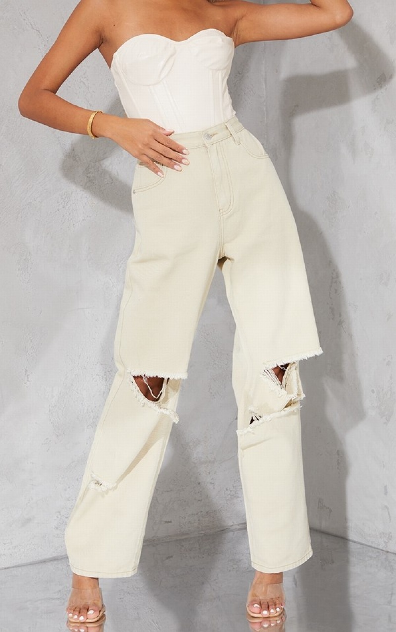 Blugi Pretty Little Thing Washed Stone gy Low Rise Ripped Boyfriend Gri | LGZV68132