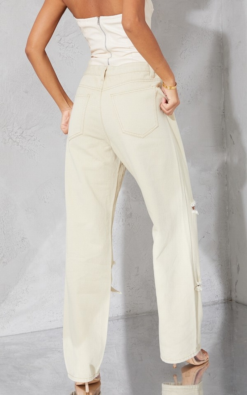 Blugi Pretty Little Thing Washed Stone gy Low Rise Ripped Boyfriend Gri | LGZV68132