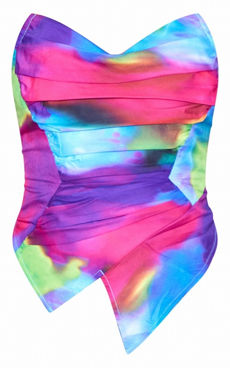Body-uri Pretty Little Thing Abstract Print Woven Asymmetric Pointed Hem Corset Violet | SMAN38014