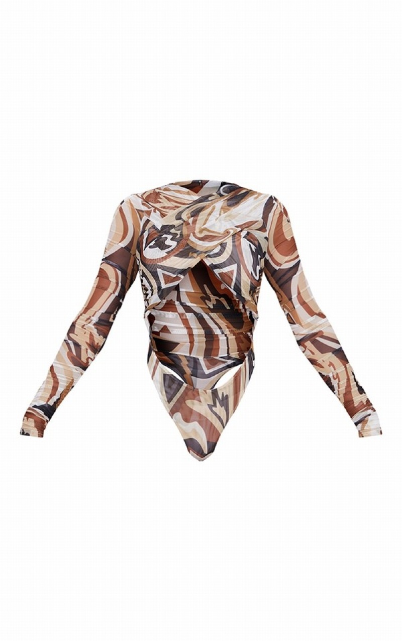 Body-uri Pretty Little Thing Abstract Print Mesh Ruched Cross Over Ciocolata | XVHF79310