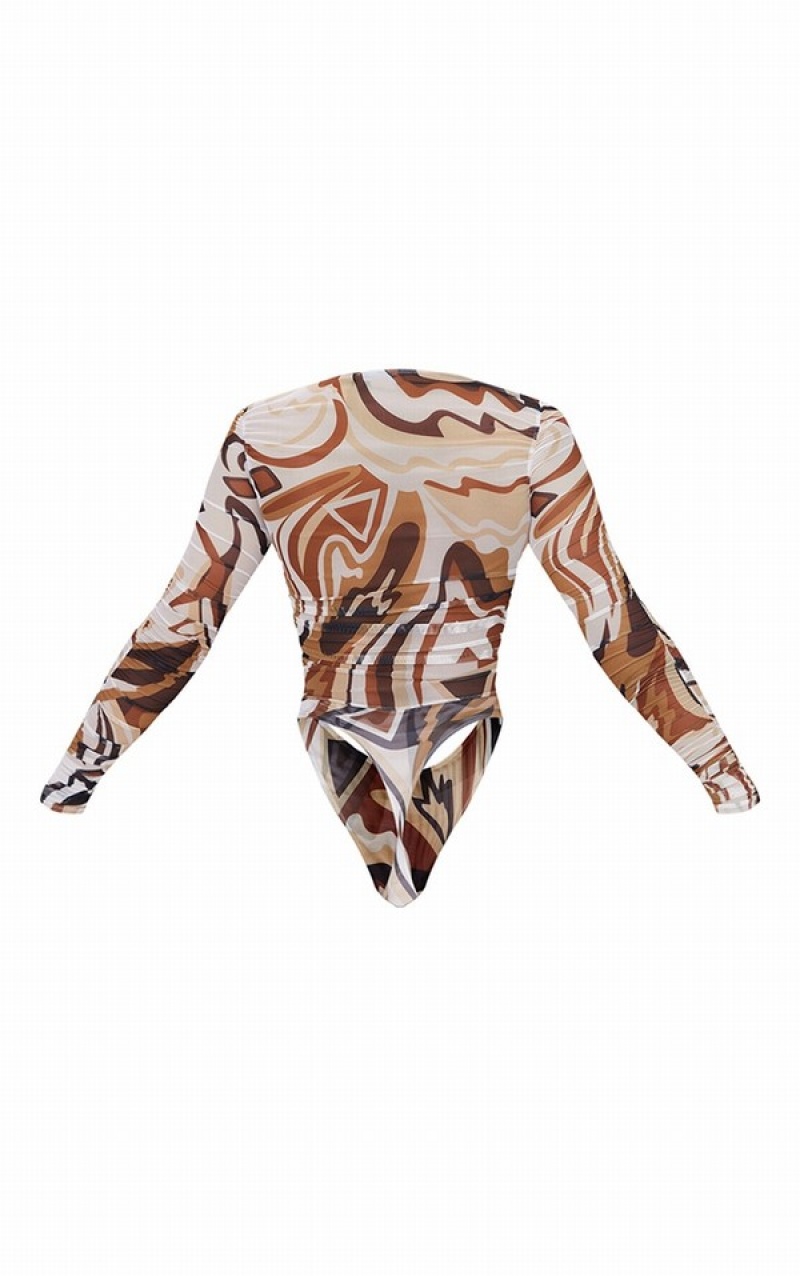 Body-uri Pretty Little Thing Abstract Print Mesh Ruched Cross Over Ciocolata | XVHF79310
