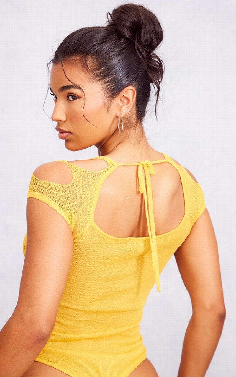 Body-uri Pretty Little Thing Bright Sheer Knit Cut Out Panels Portocalii Deschis | EXLK46108