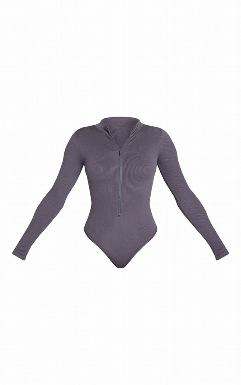 Body-uri Pretty Little Thing Charcoal Snatched Rib Zip Up Long Sleeve Gri | MBQD54386