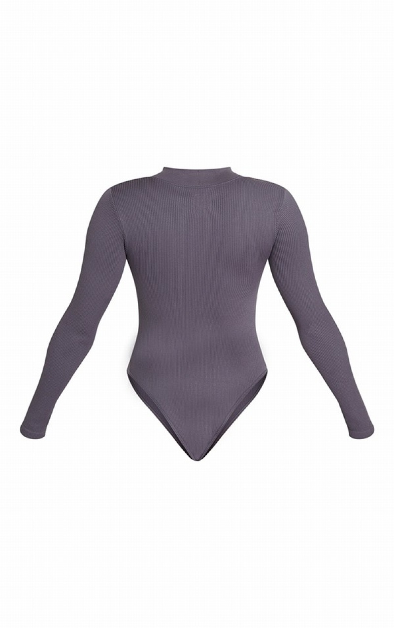 Body-uri Pretty Little Thing Charcoal Snatched Rib Zip Up Long Sleeve Gri | MBQD54386