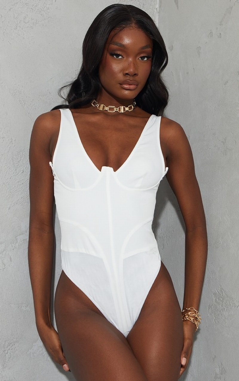 Body-uri Pretty Little Thing Cizme Inalte Corset Detail Woven Albi | BUVW45031