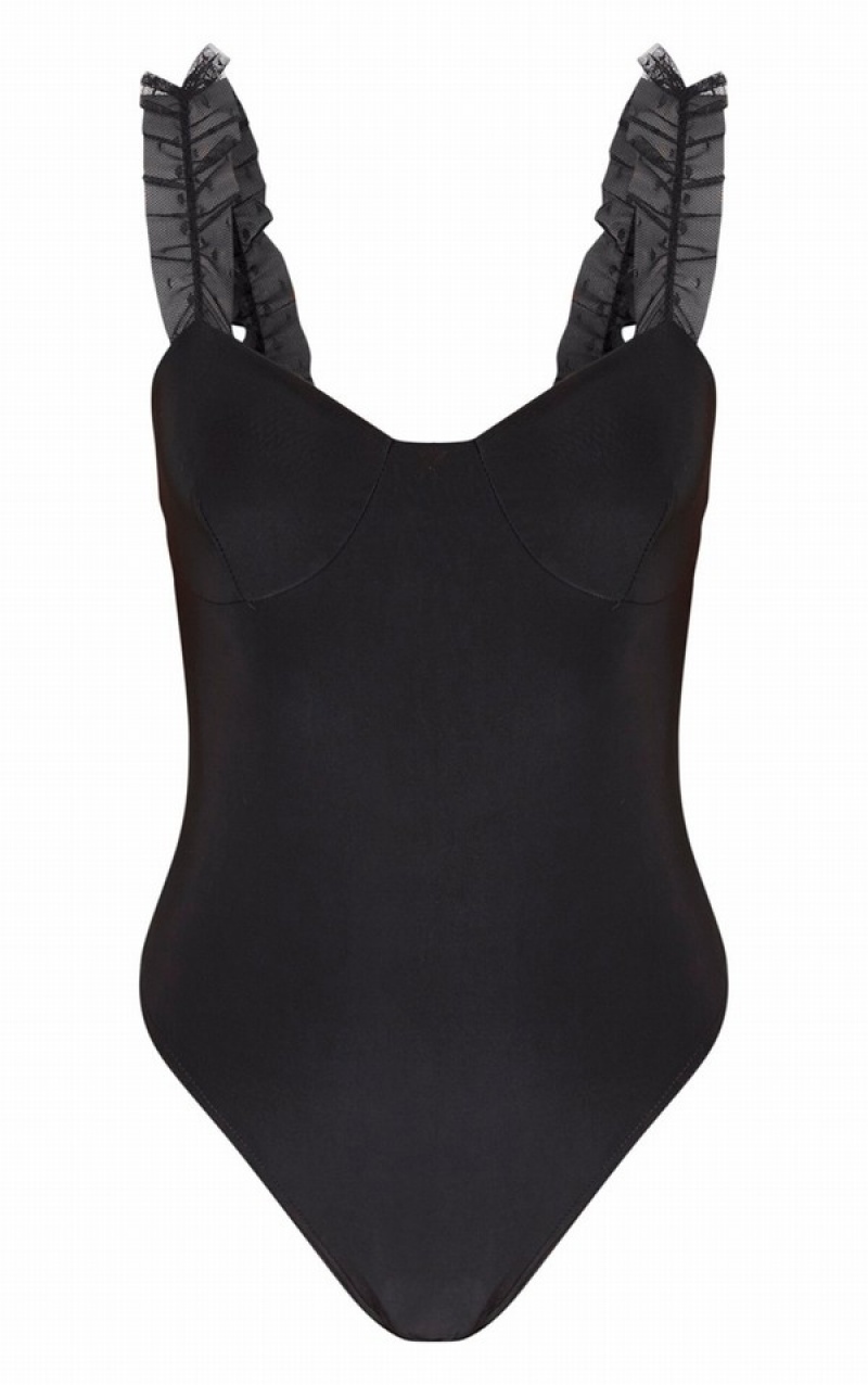 Body-uri Pretty Little Thing Dobby Mesh Frill Curea Slinky Negrii | ZBRQ20679