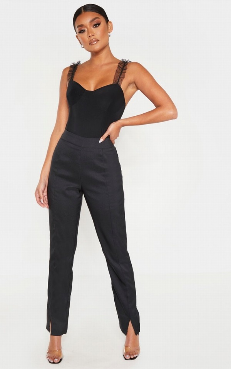 Body-uri Pretty Little Thing Dobby Mesh Frill Curea Slinky Negrii | ZBRQ20679