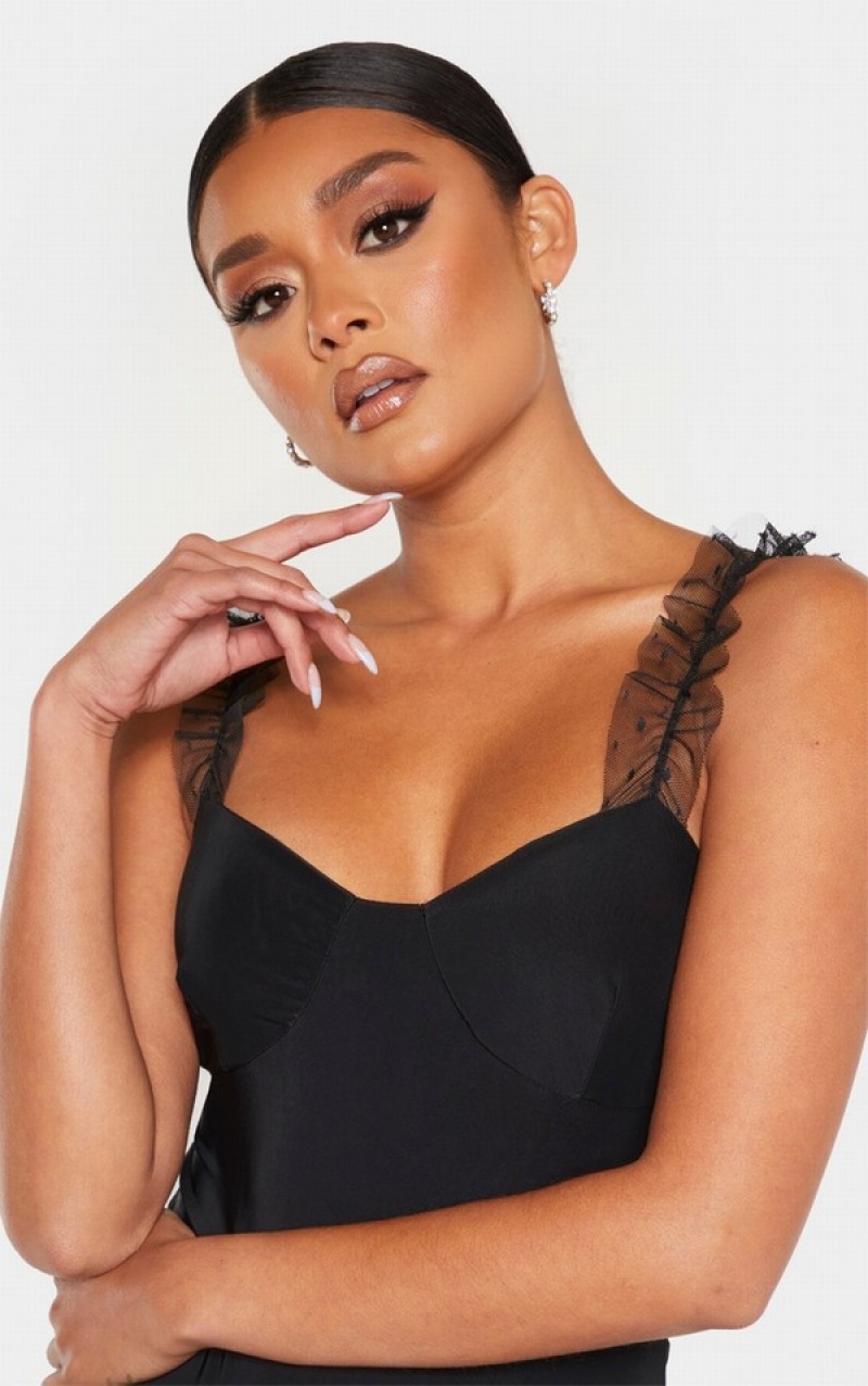 Body-uri Pretty Little Thing Dobby Mesh Frill Curea Slinky Negrii | ZBRQ20679