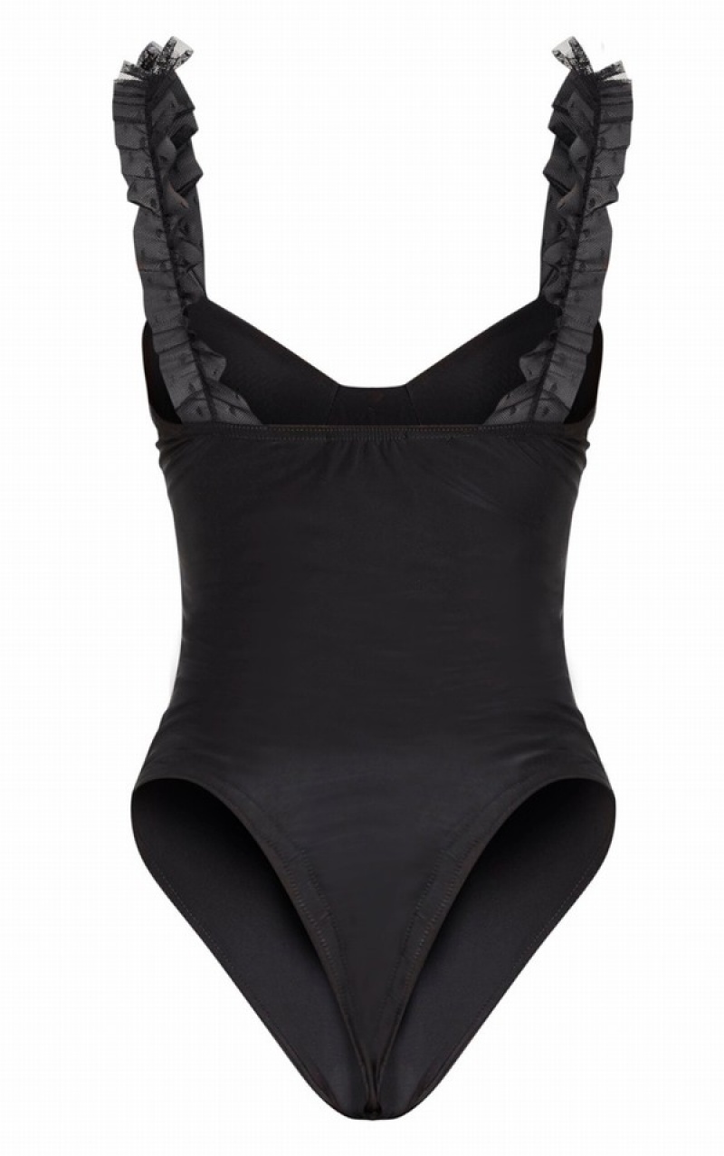 Body-uri Pretty Little Thing Dobby Mesh Frill Curea Slinky Negrii | ZBRQ20679