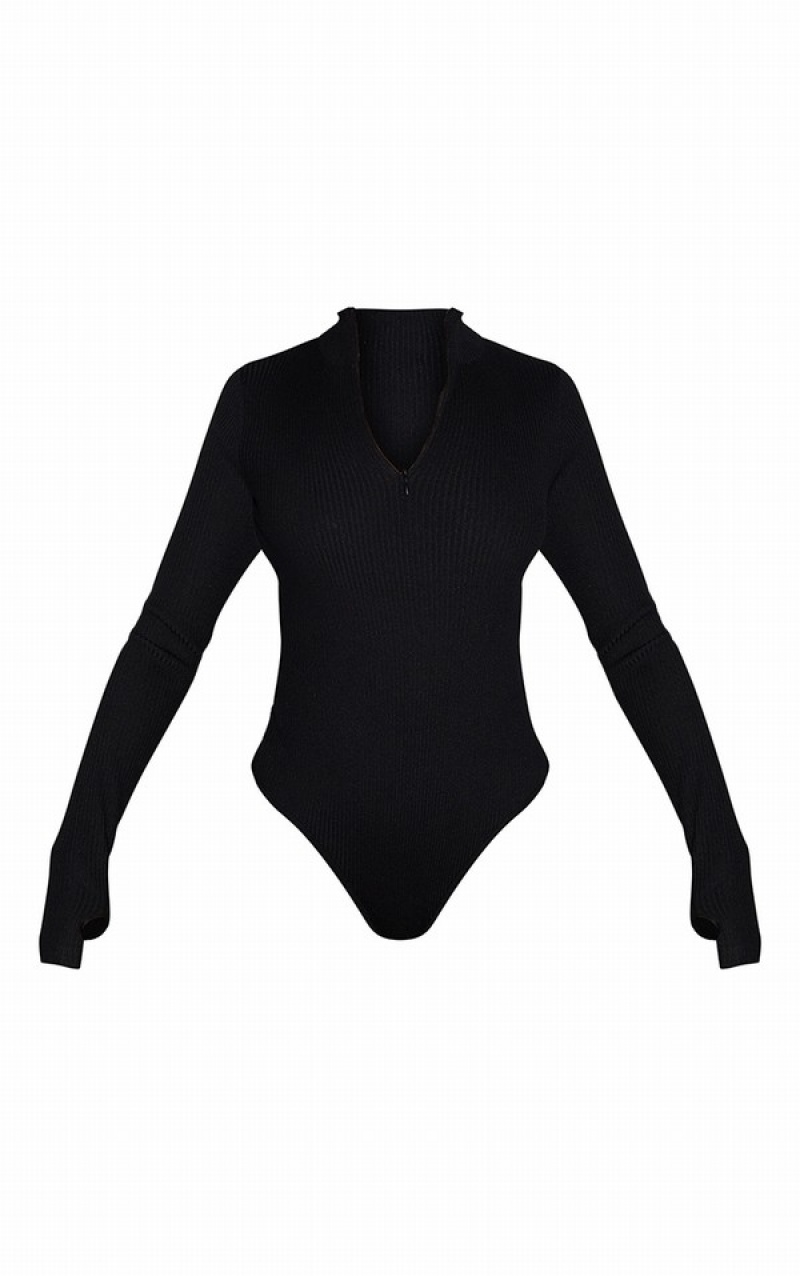Body-uri Pretty Little Thing Half Zip Tricotate Negrii | TIPO52418