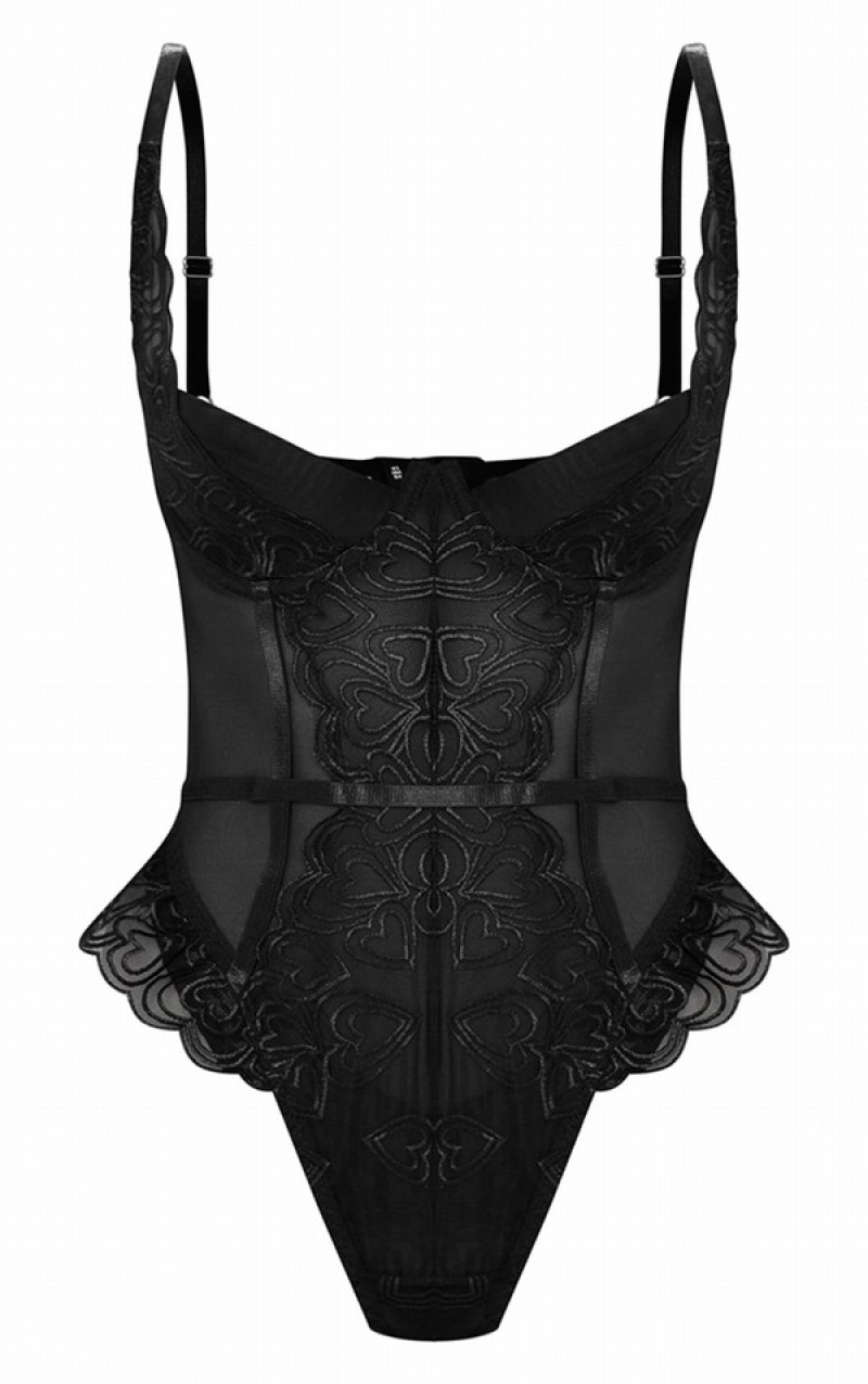 Body-uri Pretty Little Thing Heart EmbroideLace Body Negrii | WITO49617
