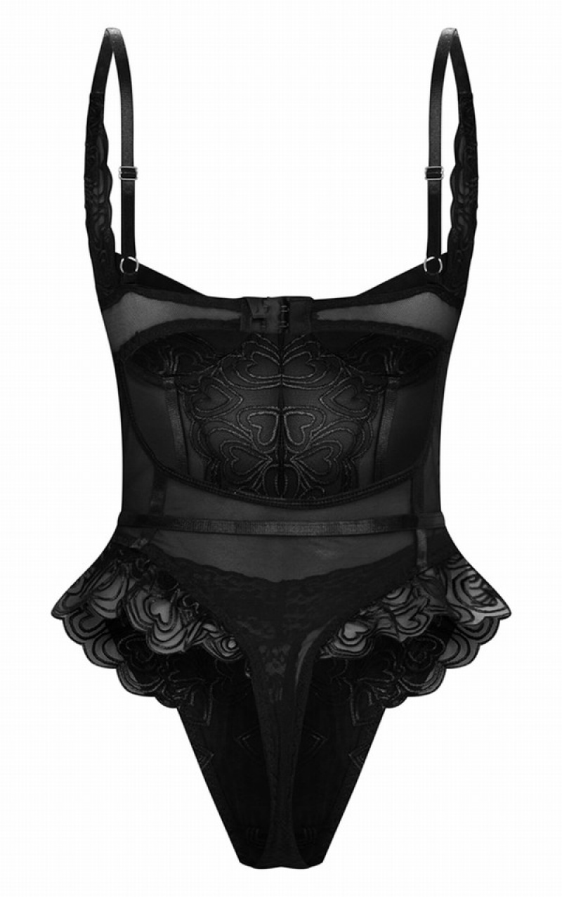 Body-uri Pretty Little Thing Heart EmbroideLace Body Negrii | WITO49617