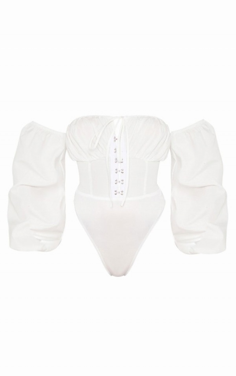 Body-uri Pretty Little Thing Hook Eye Bardot Long Sleeve Albi | KVGI43896