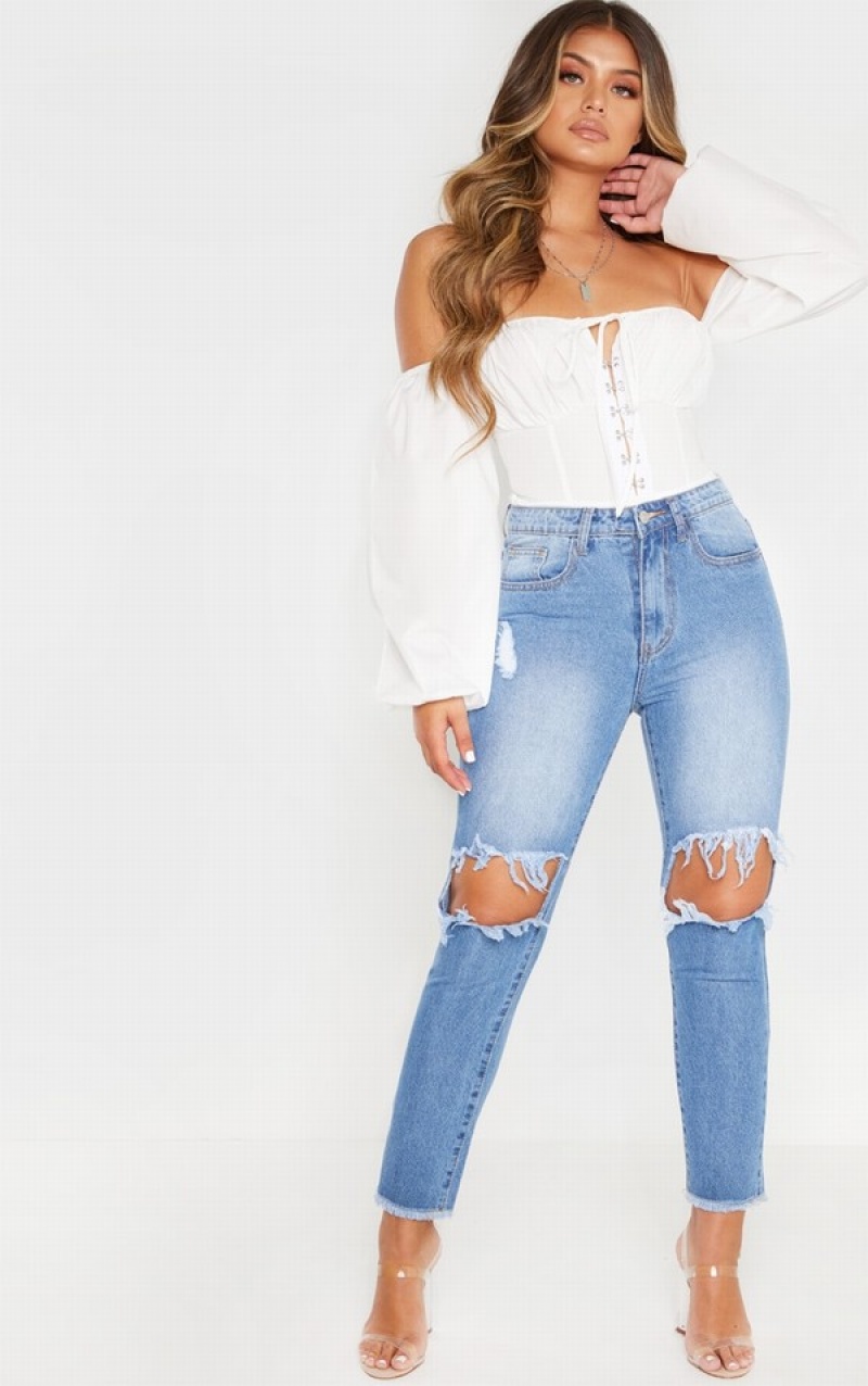 Body-uri Pretty Little Thing Hook Eye Bardot Long Sleeve Albi | KVGI43896