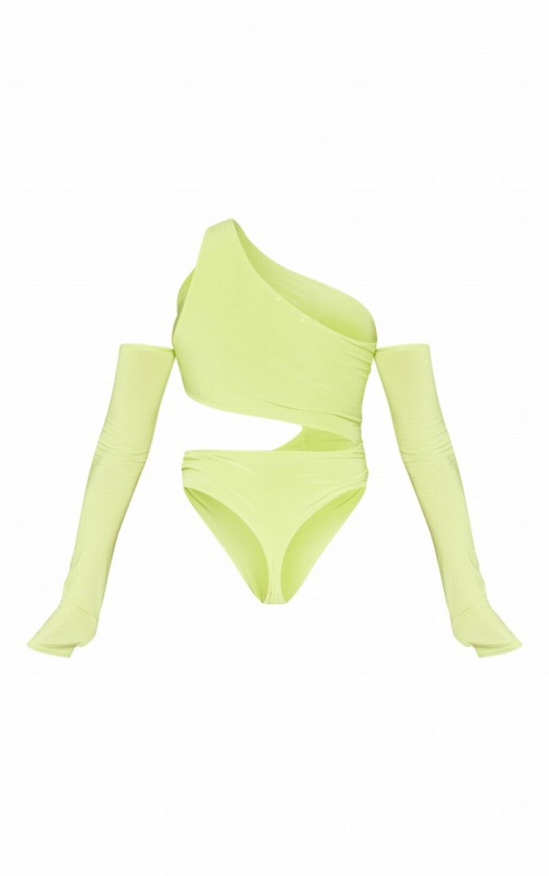 Body-uri Pretty Little Thing Lime Slinky Bardot Thumb Hole Cut Out Verzi Deschis | OAQR42018
