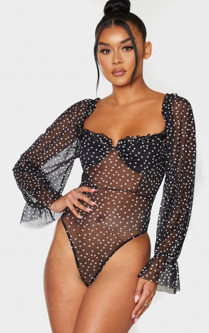 Body-uri Pretty Little Thing Mesh Polka Dot Milkmaid Negrii | KPLO56489