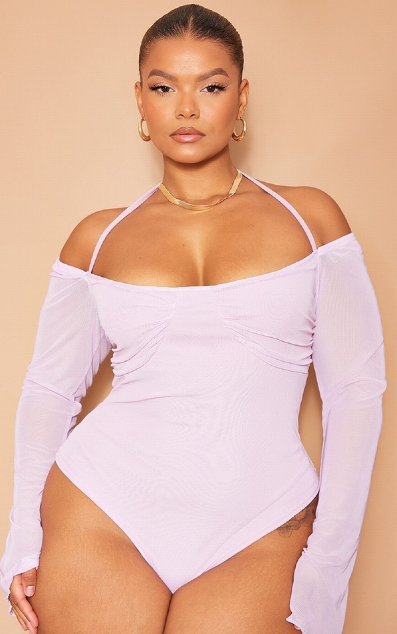 Body-uri Pretty Little Thing Plus Lilac Mesh Sleeve Halter Neck Violet | FLAK25738