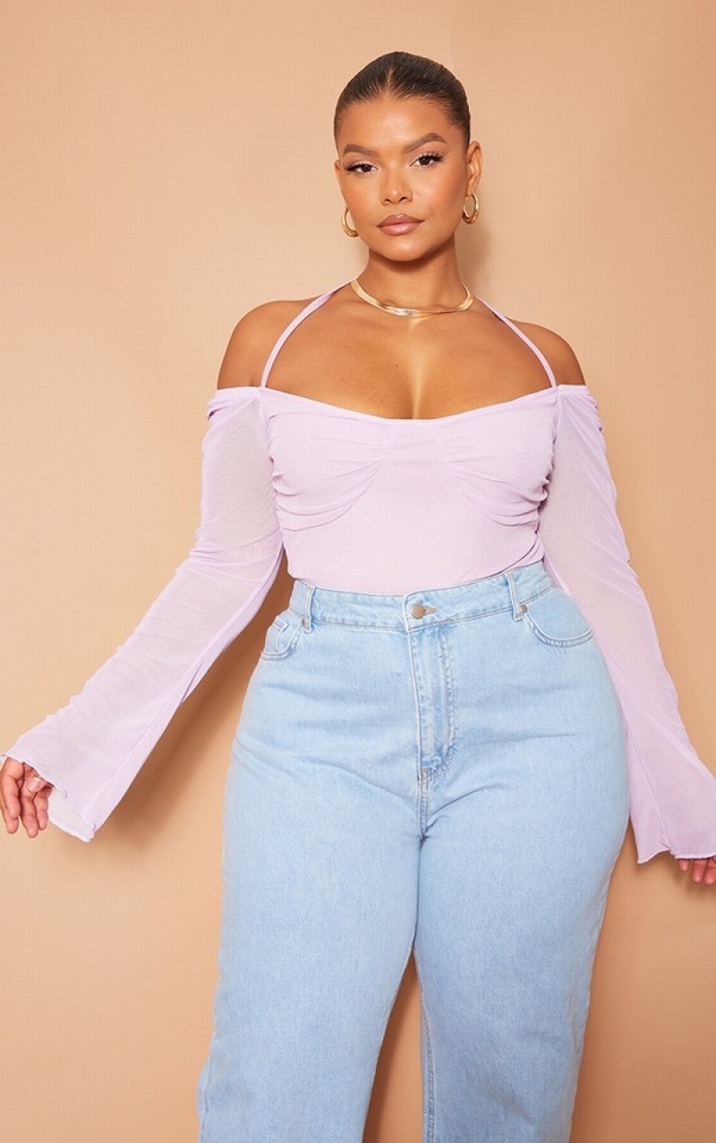Body-uri Pretty Little Thing Plus Lilac Mesh Sleeve Halter Neck Violet | FLAK25738
