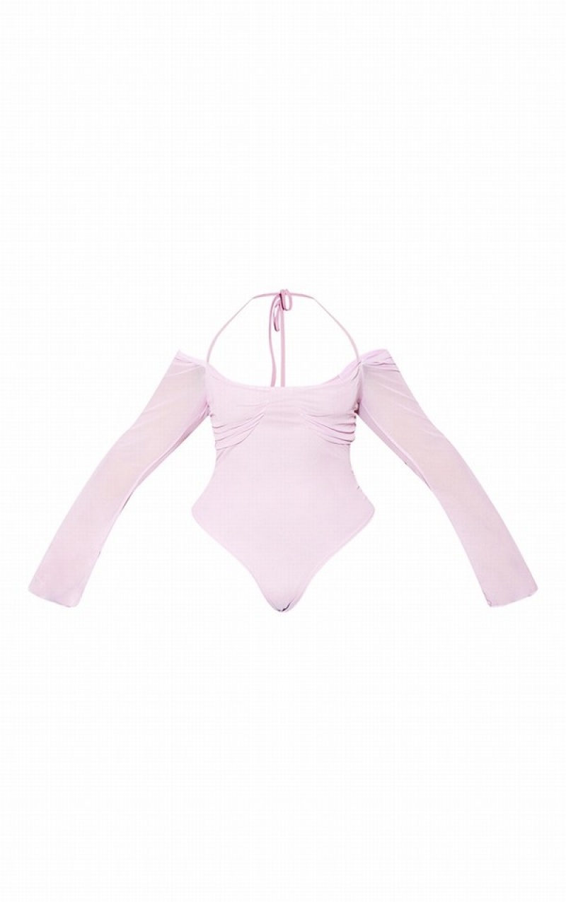 Body-uri Pretty Little Thing Plus Lilac Mesh Sleeve Halter Neck Violet | FLAK25738