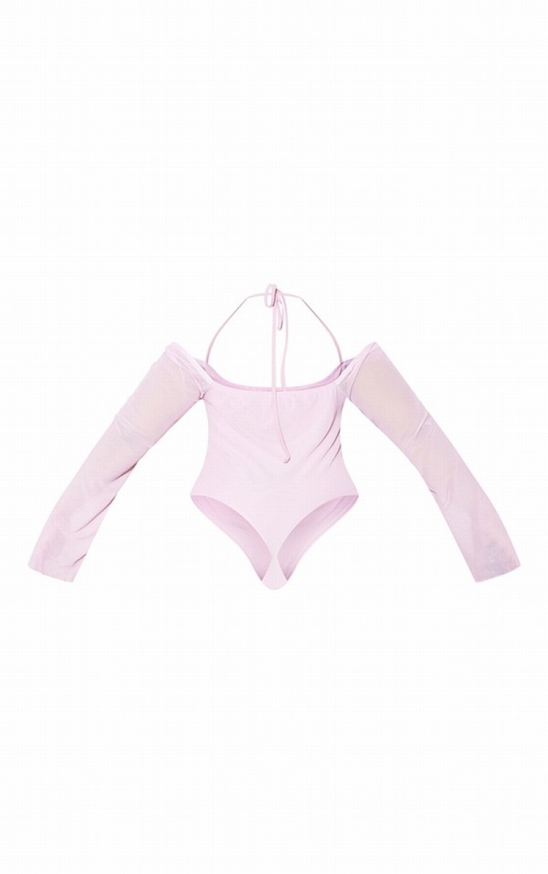 Body-uri Pretty Little Thing Plus Lilac Mesh Sleeve Halter Neck Violet | FLAK25738