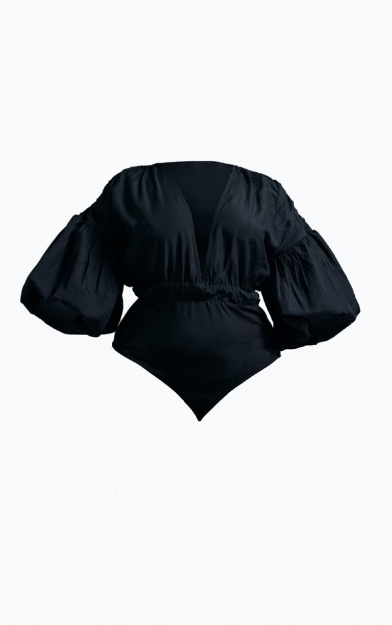Body-uri Pretty Little Thing Plus Puffball Sleeve Negrii | XCKG02957