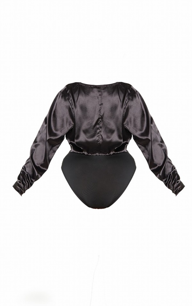 Body-uri Pretty Little Thing Plus Satin Cowl Neck Long Sleeve Negrii | JDTG63819