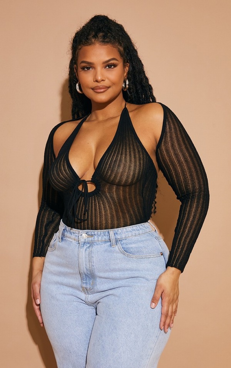 Body-uri Pretty Little Thing Plus Sheer Knit With Sleeves Negrii | SHPM20853