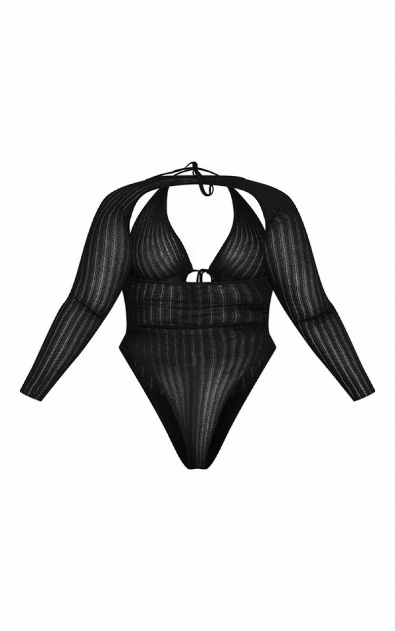 Body-uri Pretty Little Thing Plus Sheer Knit With Sleeves Negrii | SHPM20853