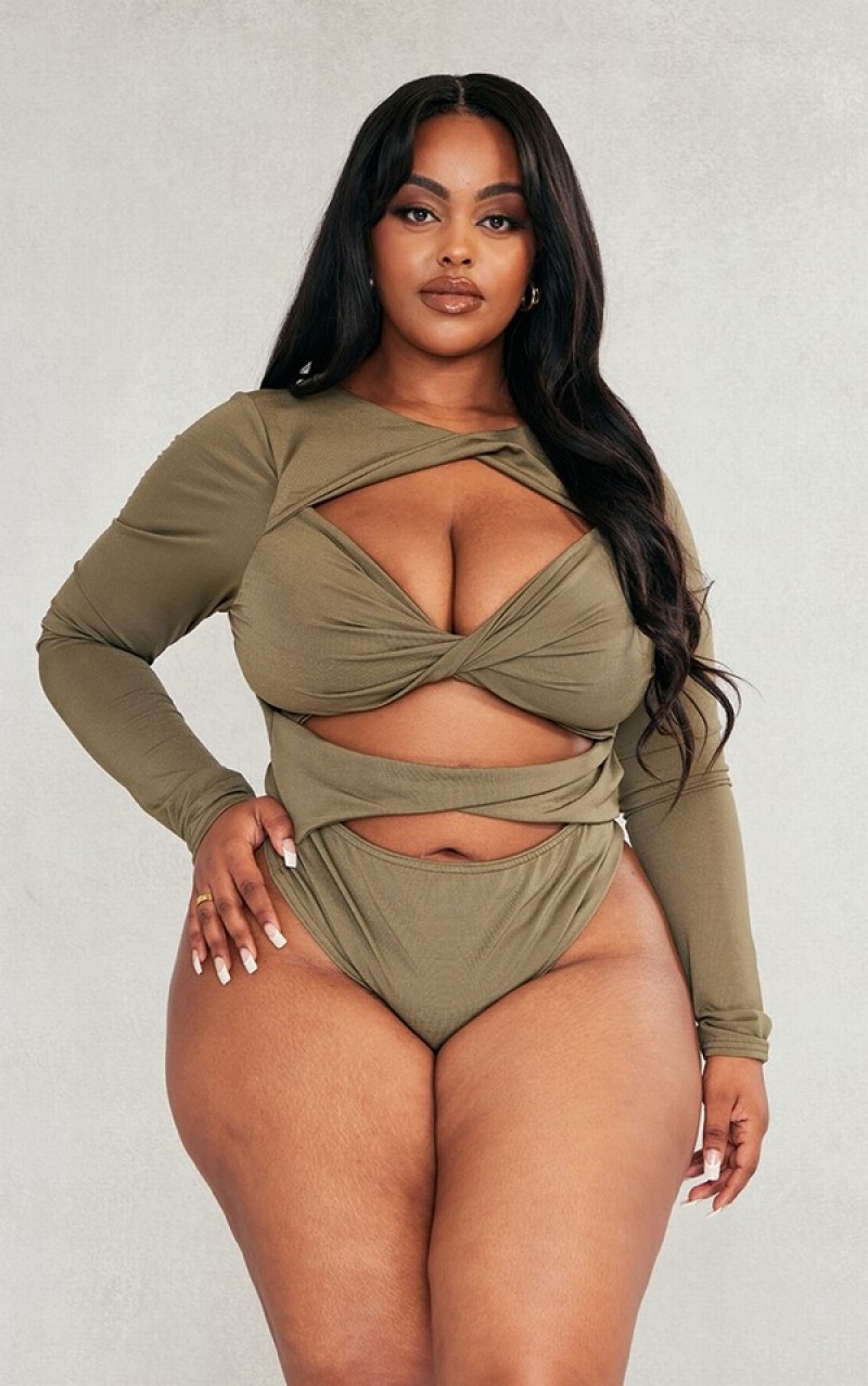 Body-uri Pretty Little Thing Plus Slinky Cut Out Longsleeve Kaki | QBEV37869