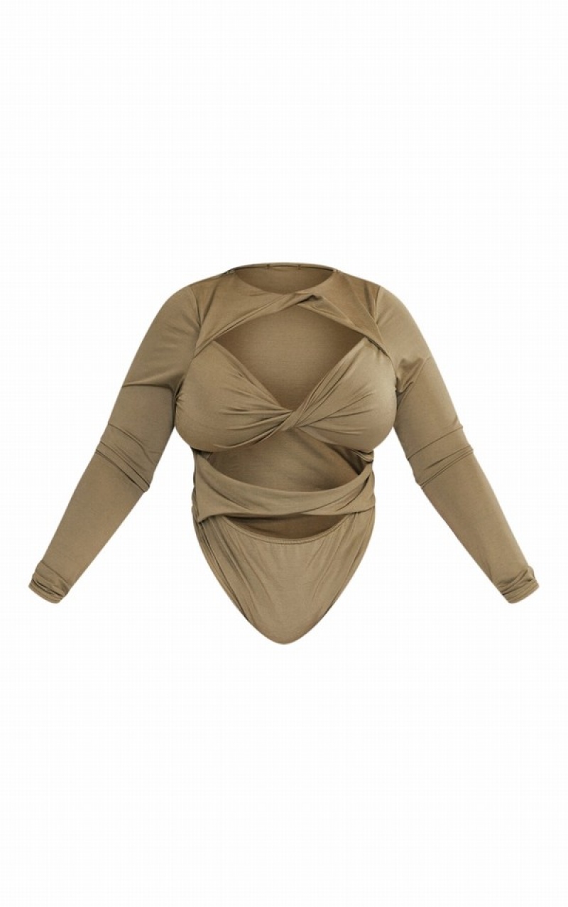 Body-uri Pretty Little Thing Plus Slinky Cut Out Longsleeve Kaki | QBEV37869