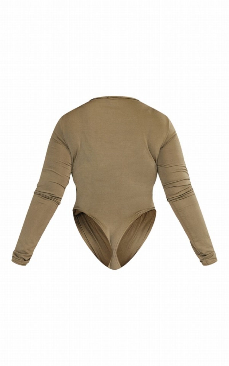 Body-uri Pretty Little Thing Plus Slinky Cut Out Longsleeve Kaki | QBEV37869