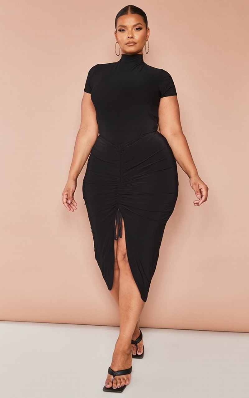 Body-uri Pretty Little Thing Plus Slinky Sleeve High Neck Negrii | YEBL67329