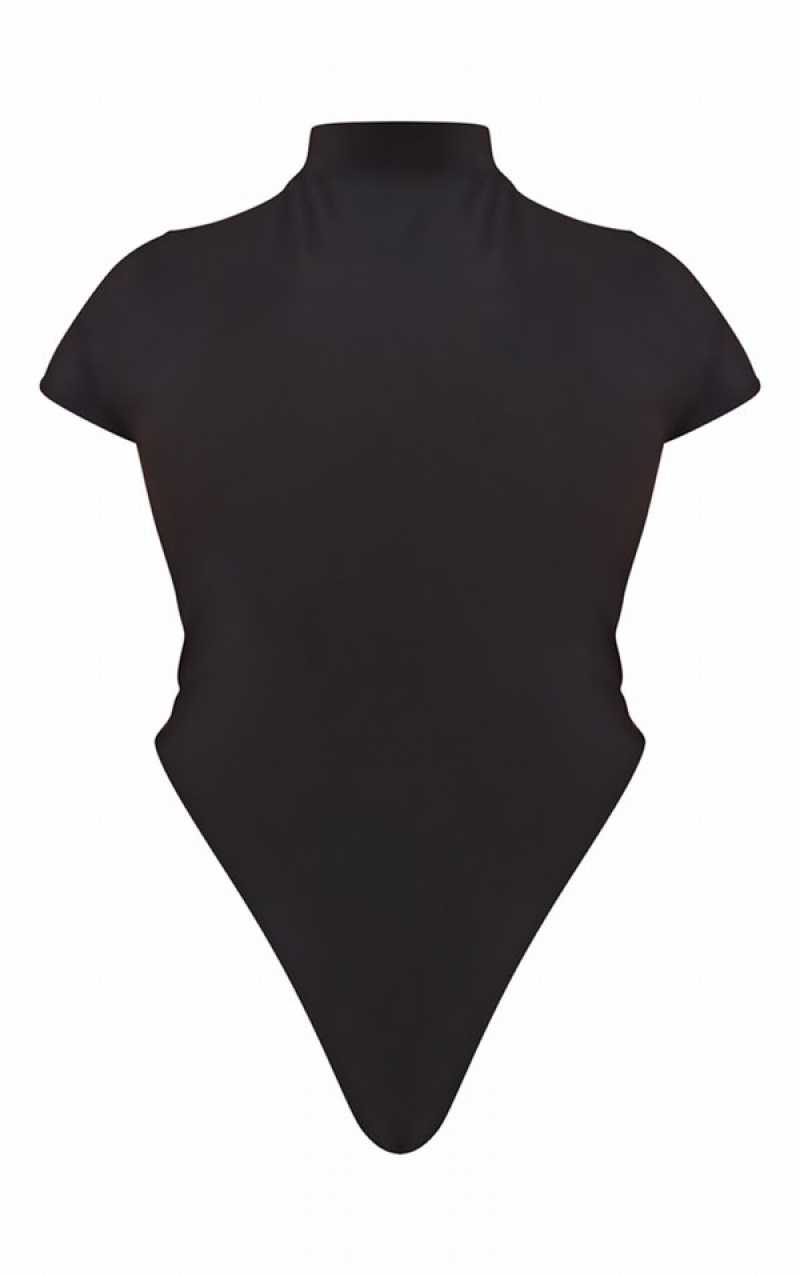 Body-uri Pretty Little Thing Plus Slinky Sleeve High Neck Negrii | YEBL67329