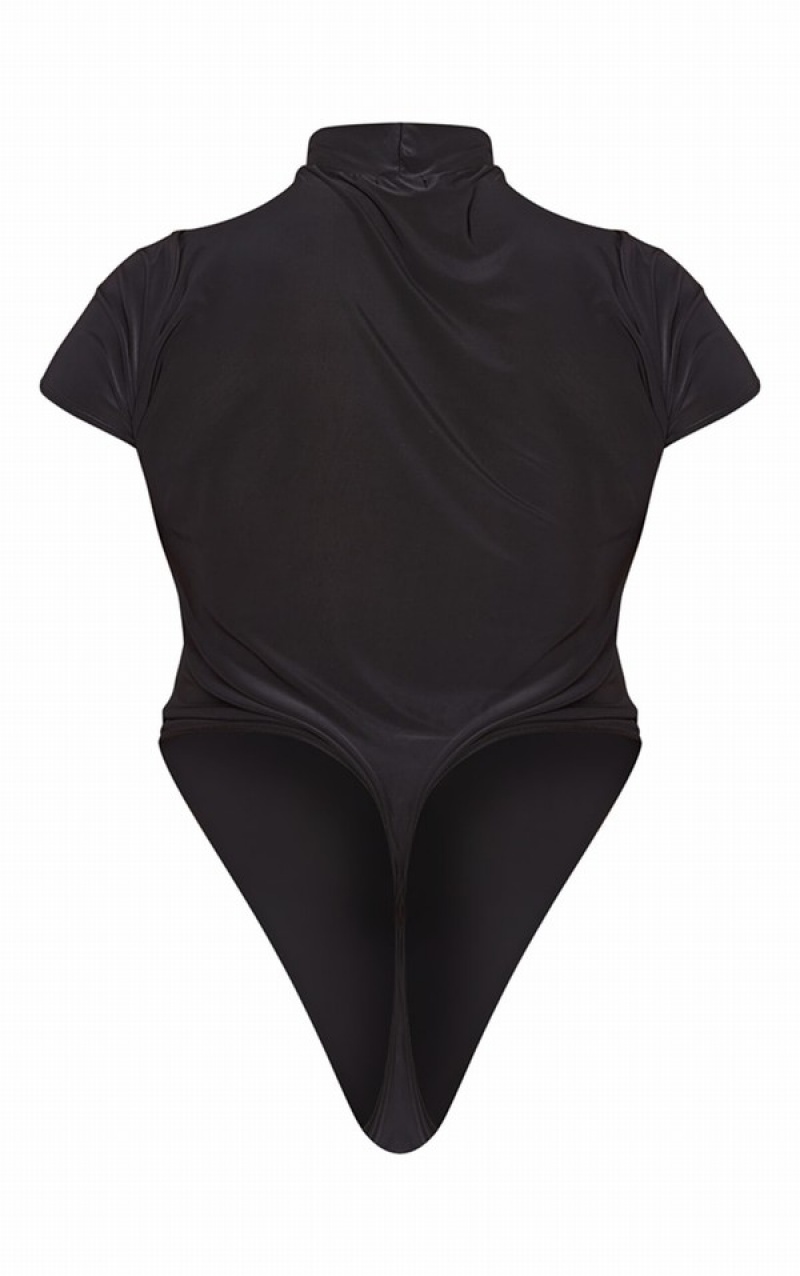 Body-uri Pretty Little Thing Plus Slinky Sleeve High Neck Negrii | YEBL67329