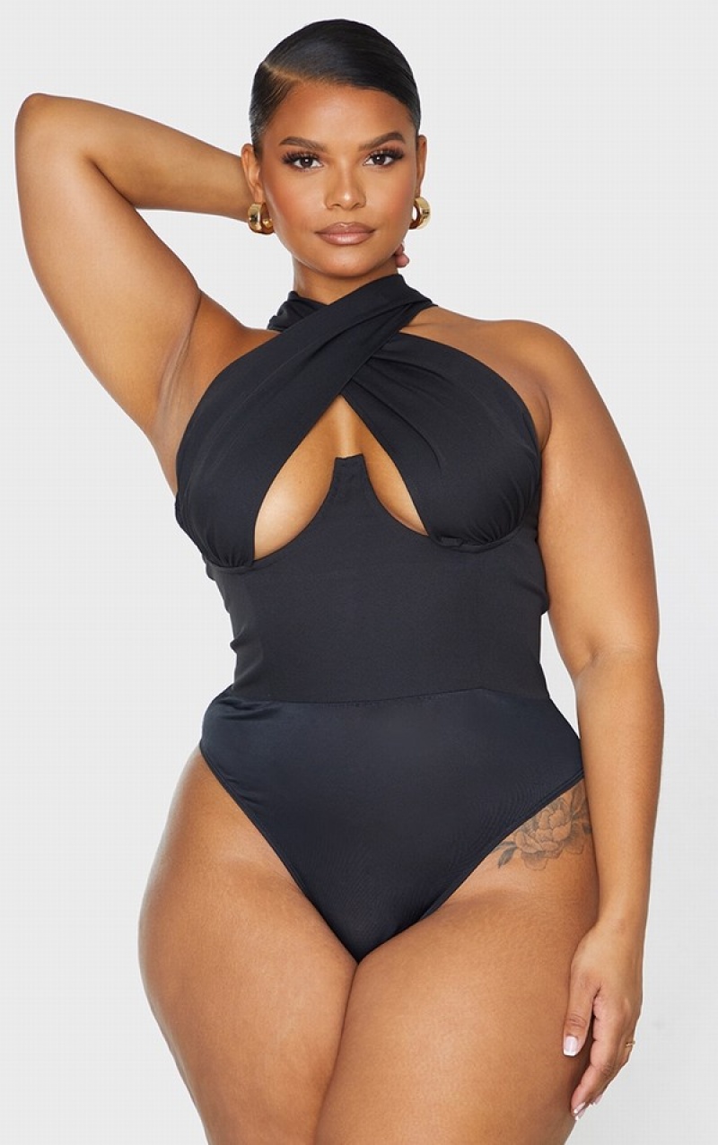 Body-uri Pretty Little Thing Plus Woven Cross Front Underwired Negrii | DFVB51326