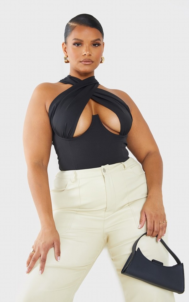 Body-uri Pretty Little Thing Plus Woven Cross Front Underwired Negrii | DFVB51326
