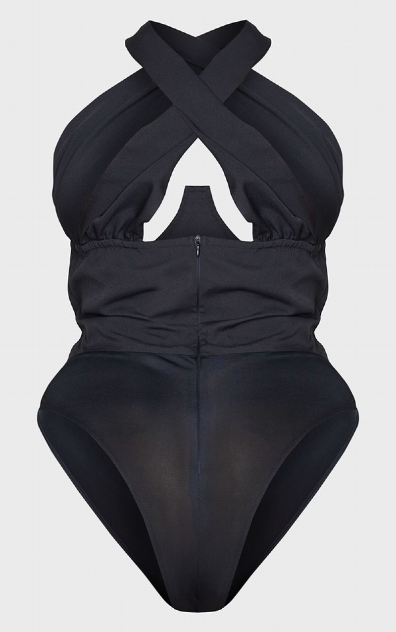 Body-uri Pretty Little Thing Plus Woven Cross Front Underwired Negrii | DFVB51326