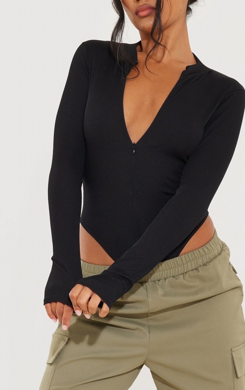 Body-uri Pretty Little Thing Rib Zip Up Long Sleeve Negrii | ASJI73094