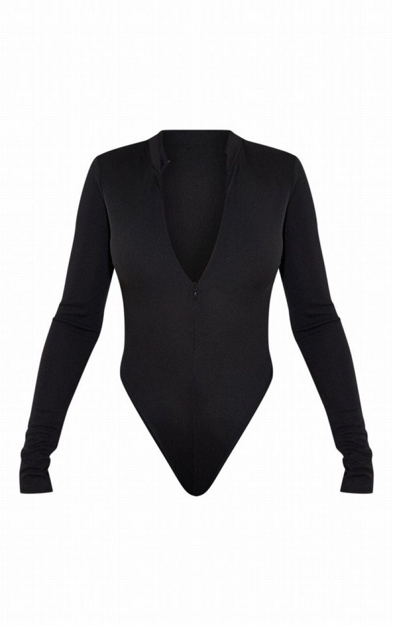 Body-uri Pretty Little Thing Rib Zip Up Long Sleeve Negrii | ASJI73094